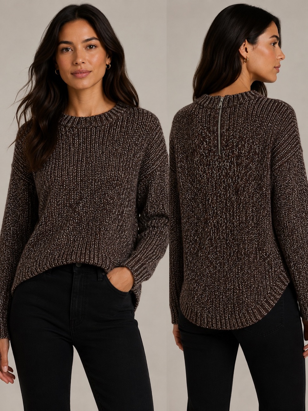 NWOT Heather Dark Brown Knit Crewneck Sweater